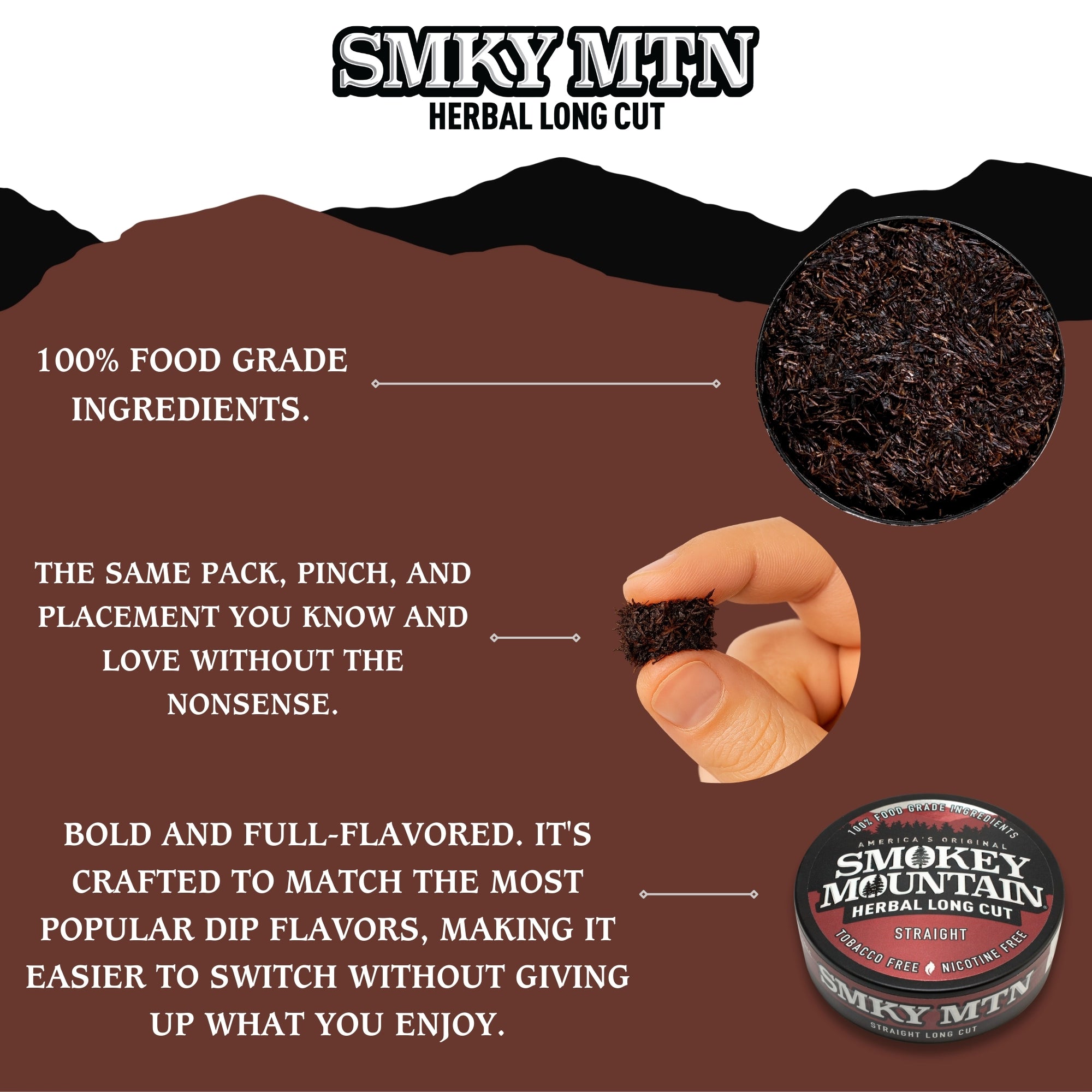 Advertisement for Smokey MTN Herbal Long Cut with product packaging, ingredients text, and close-up of product.