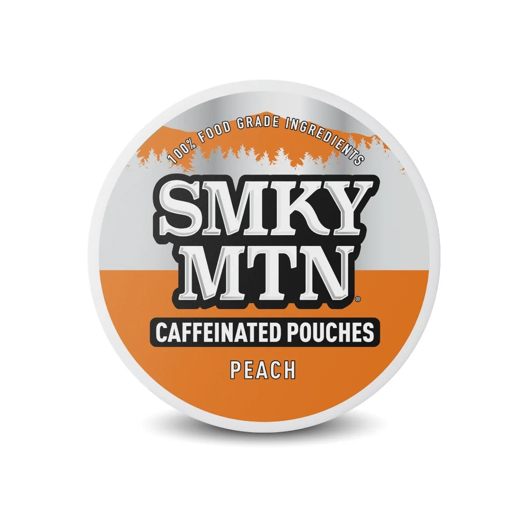 Container of Smky MTN caffeinated pouches with peach flavor on a white background