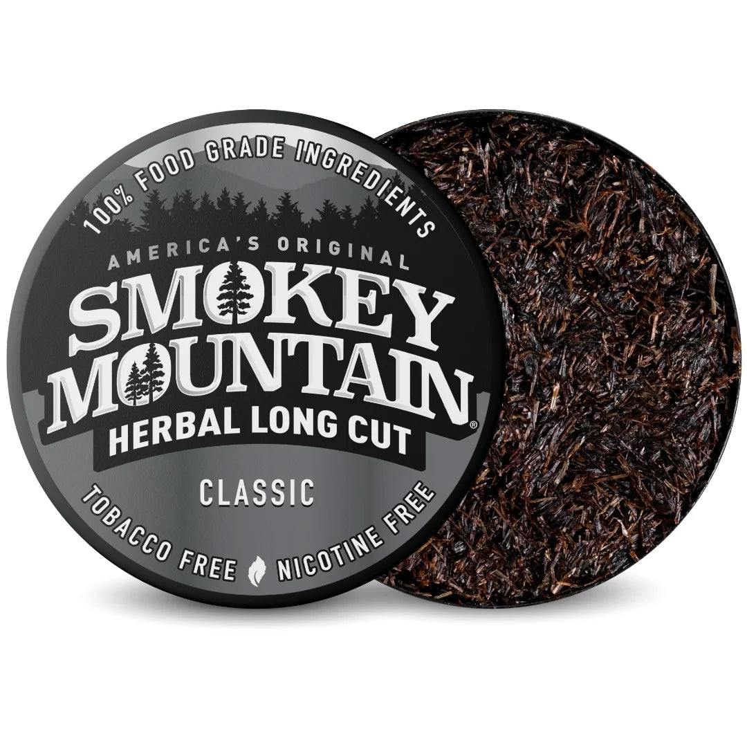 Smokey Mountain Herbal Long Cut tobacco-free product with packaging on a white background