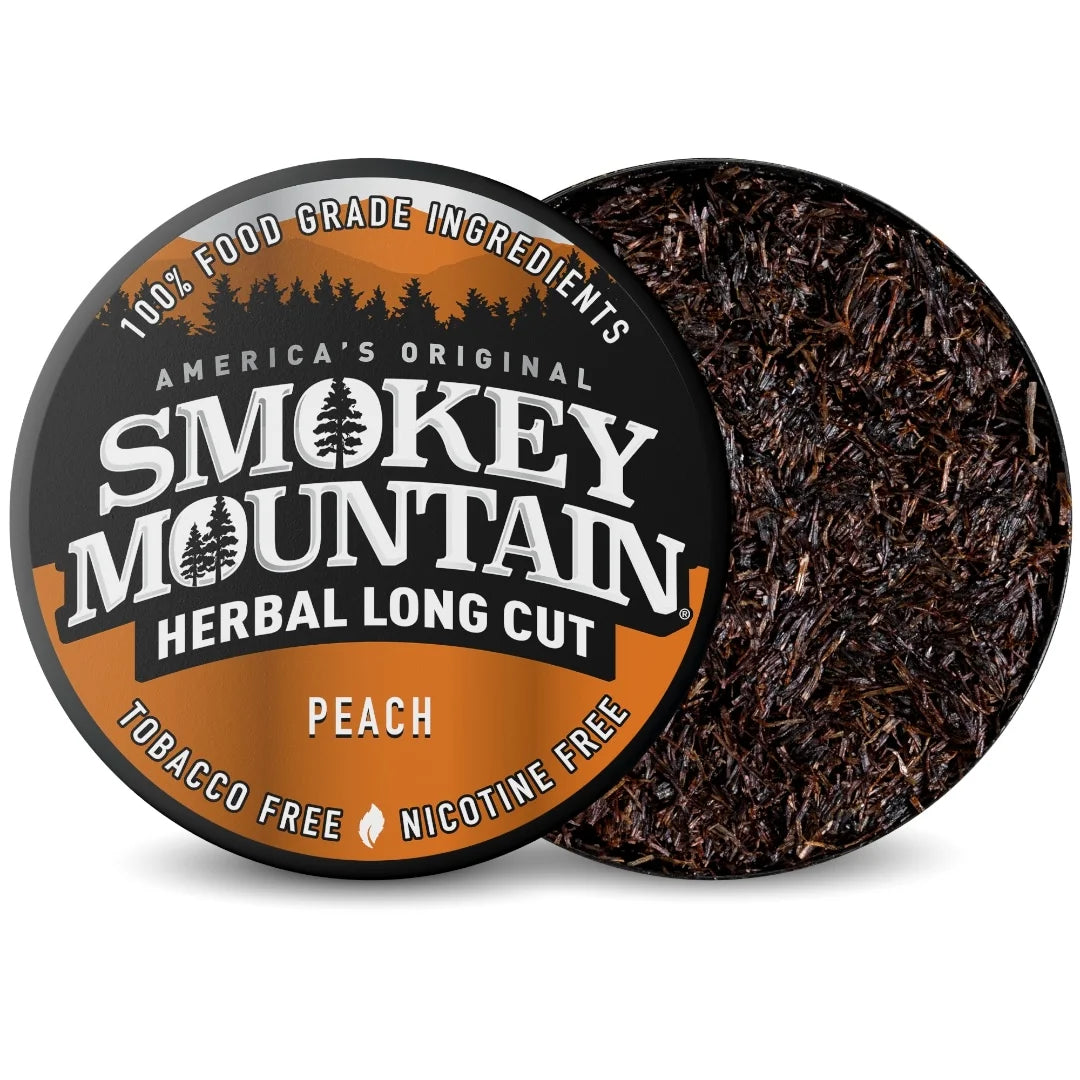 Smokey Mountain Herbal Long Cut peach tobacco product with packaging on a white background
