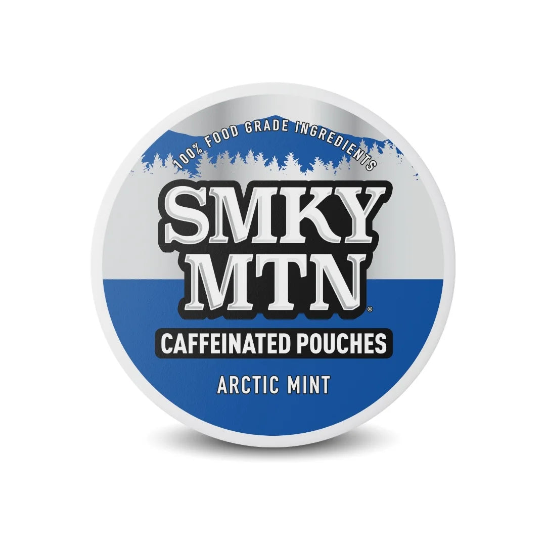 Round container of Smky MTN Arctic Mint caffeinated pouches on a white background