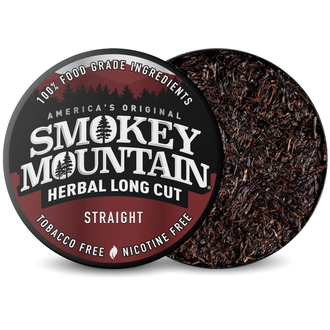 Smokey Mountain Herbal Long Cut tobacco-free product with packaging on a white background