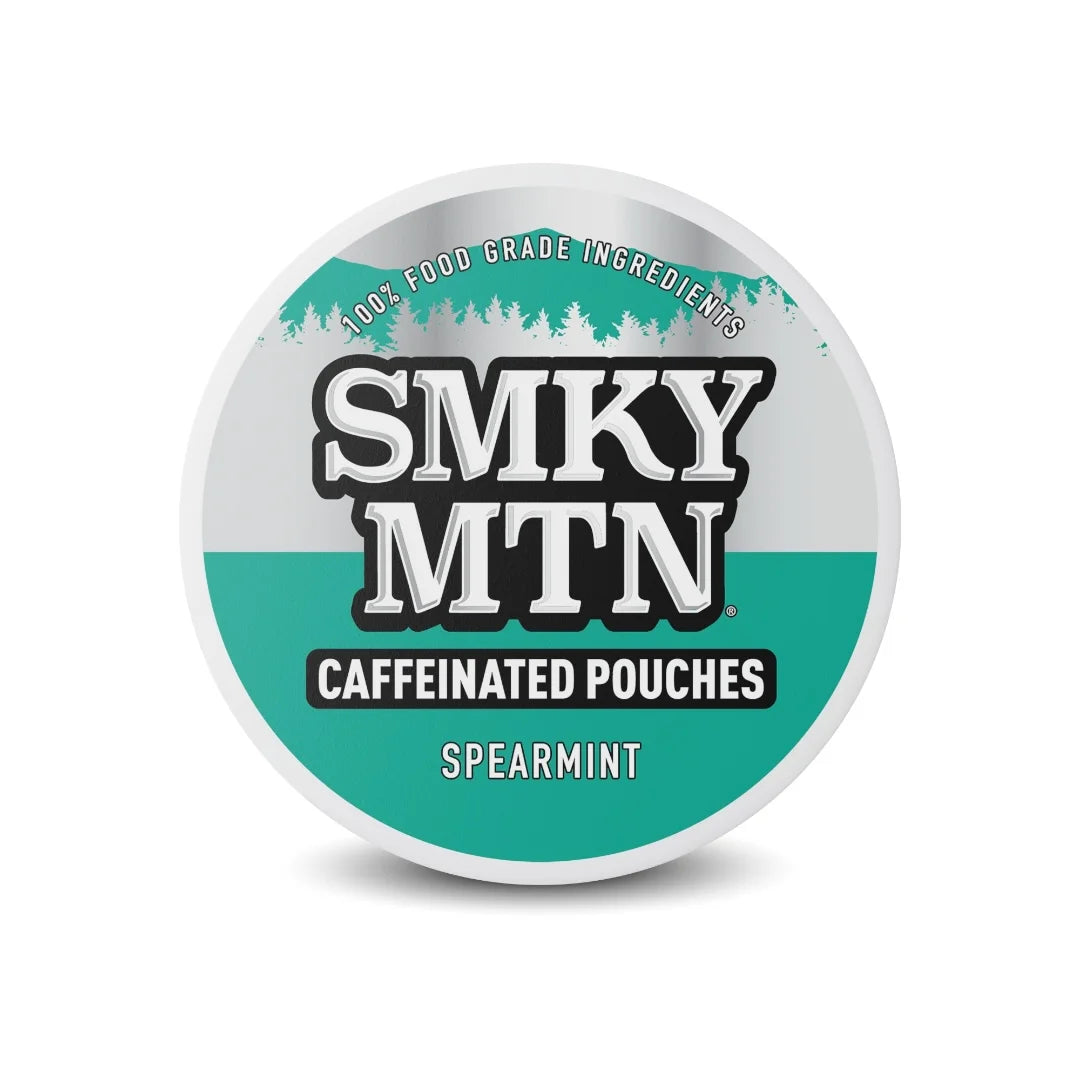 Caffeinated pouches with Spearmint flavor from Smky MTN on a white background