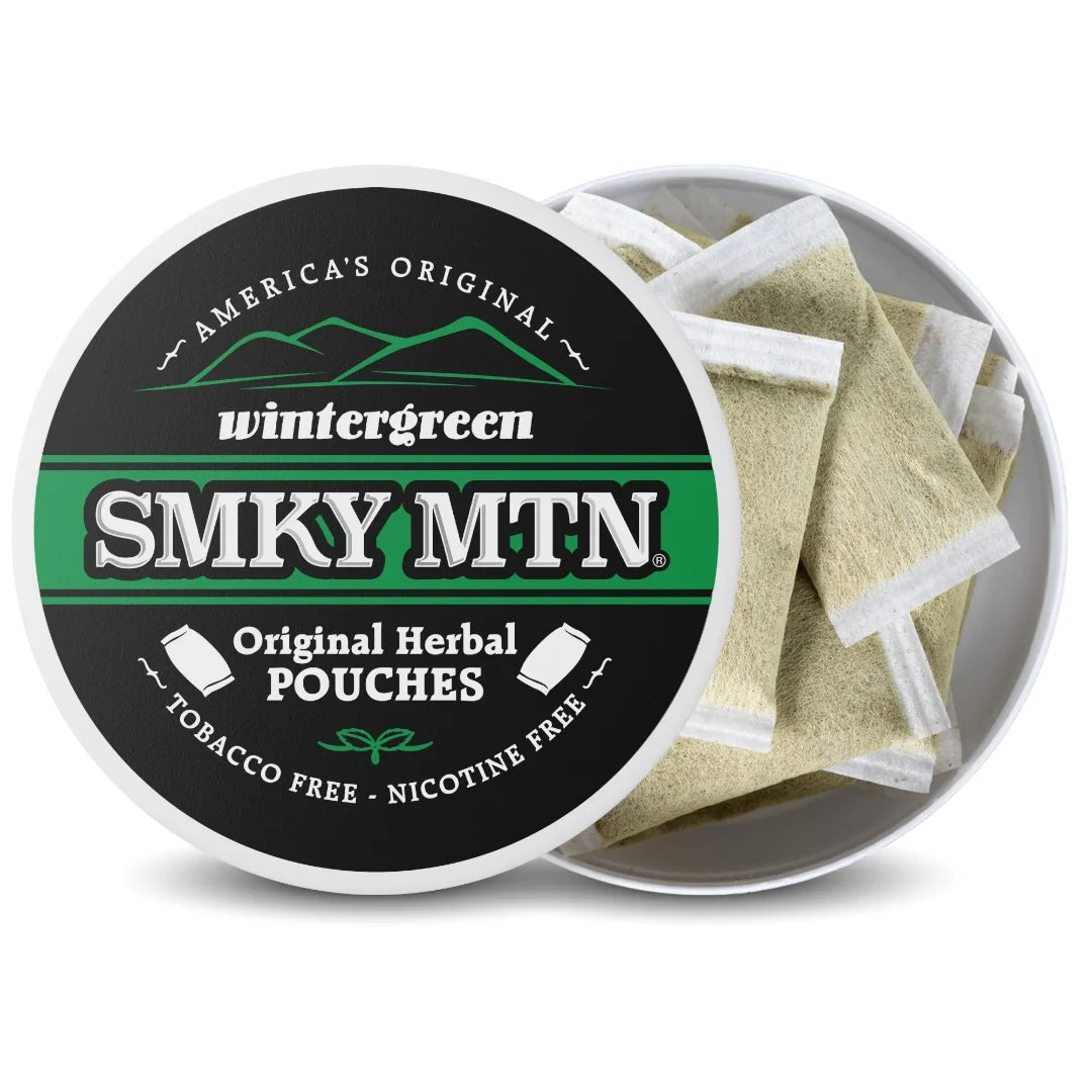 Smokey Mountain wintergreen herbal pouches packaging on a white background