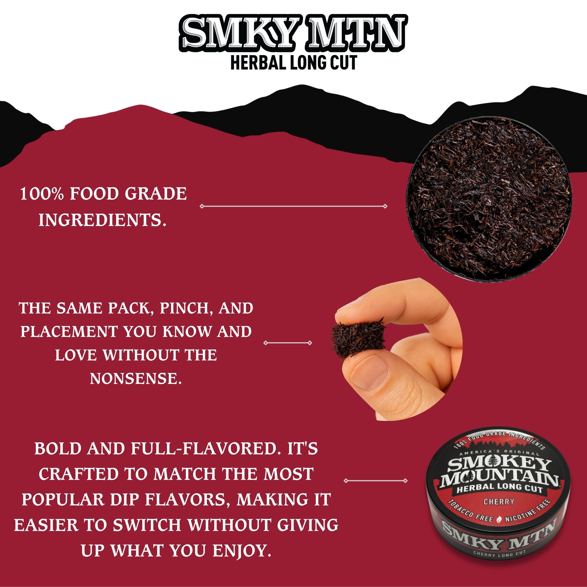 Smokey Mountain Herbal Long Cut product packaging with text on a red background