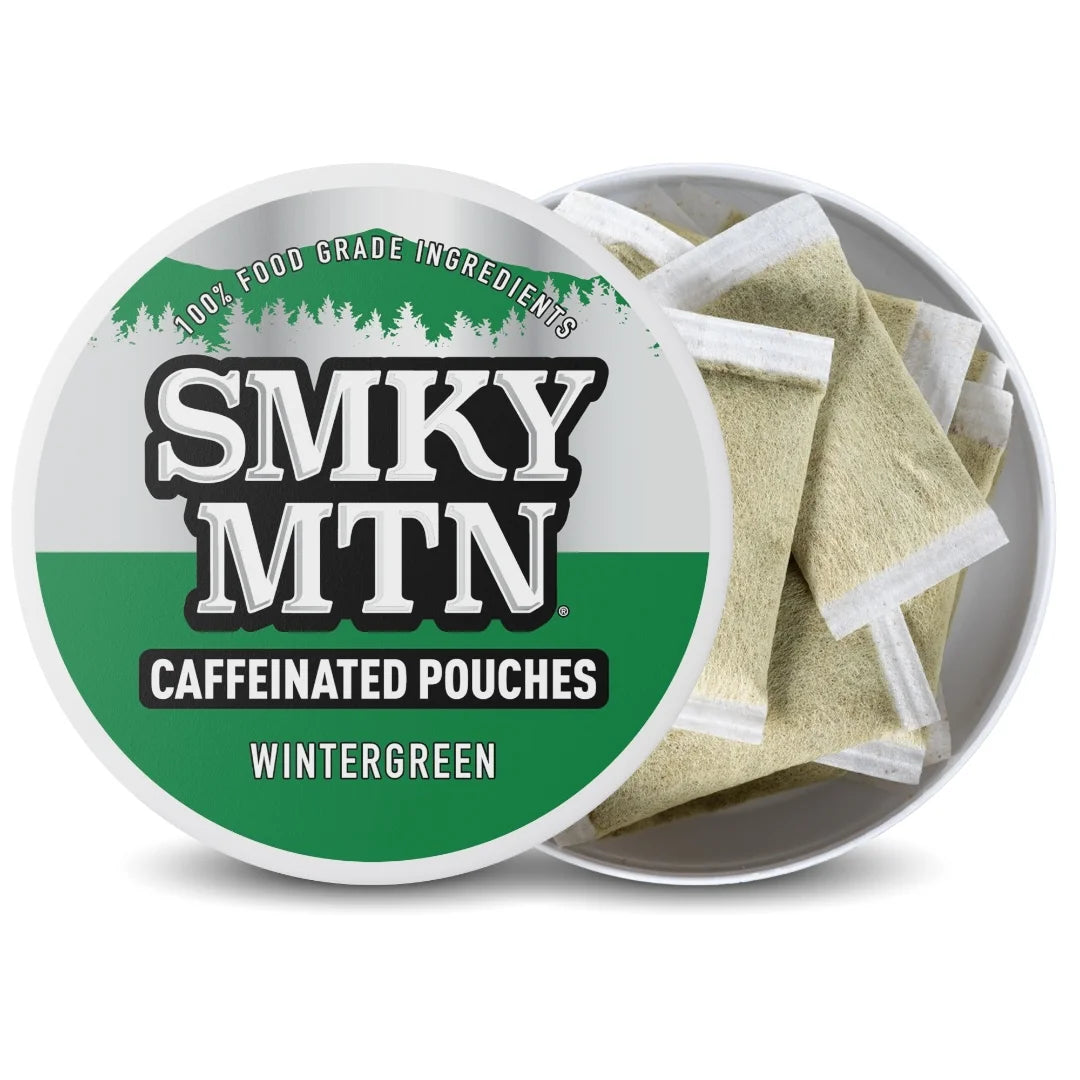 Caffeinated pouches by Smky MTN with a green and white label on a white background