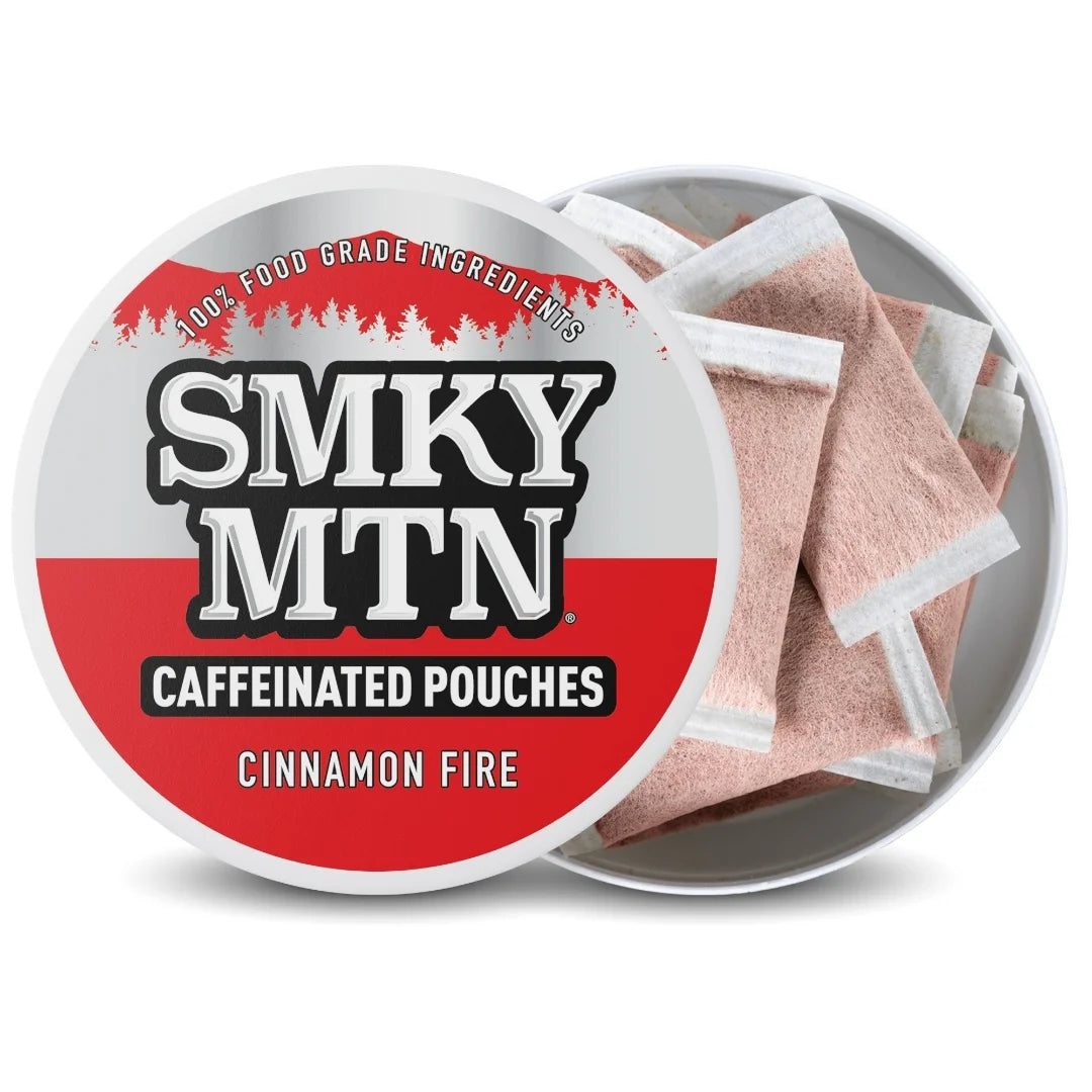Smky MTN Caffeinated Pouches in a container with red and white label.