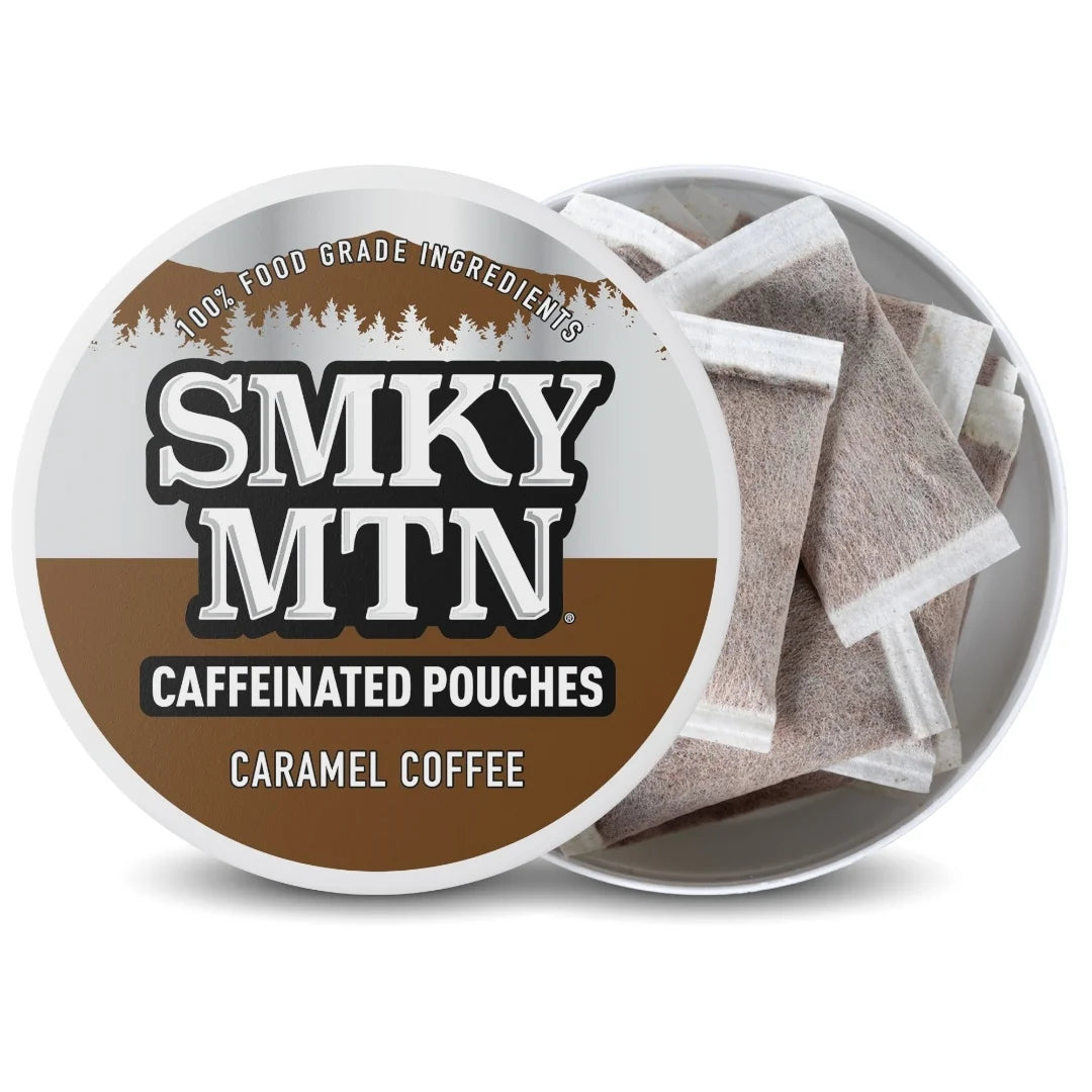 Caféine pouches in a container with 'Smky MTN' branding on a white background