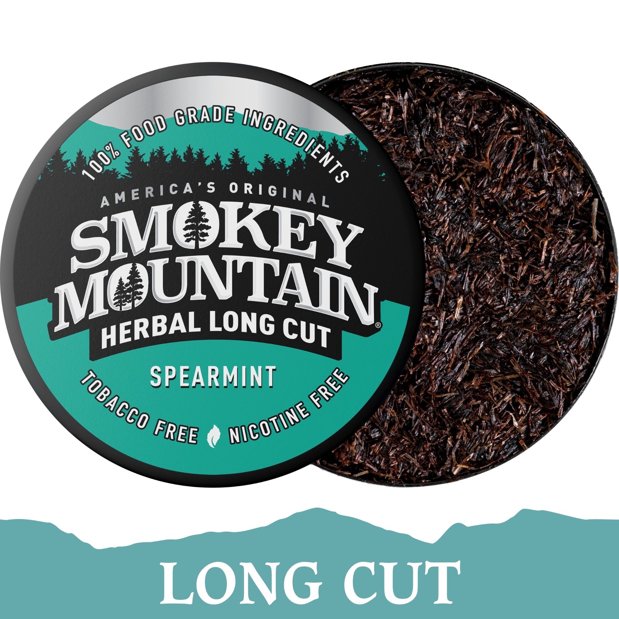 Smokey Mountain Herbal Long Cut Spearmint product with packaging showing tea leaves.