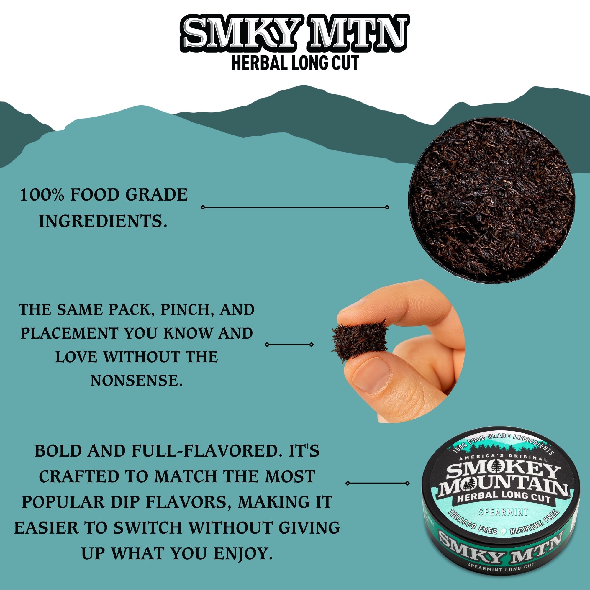 Smokey Mountain Herbal Long Cut product with text on food grade ingredients and packaging.