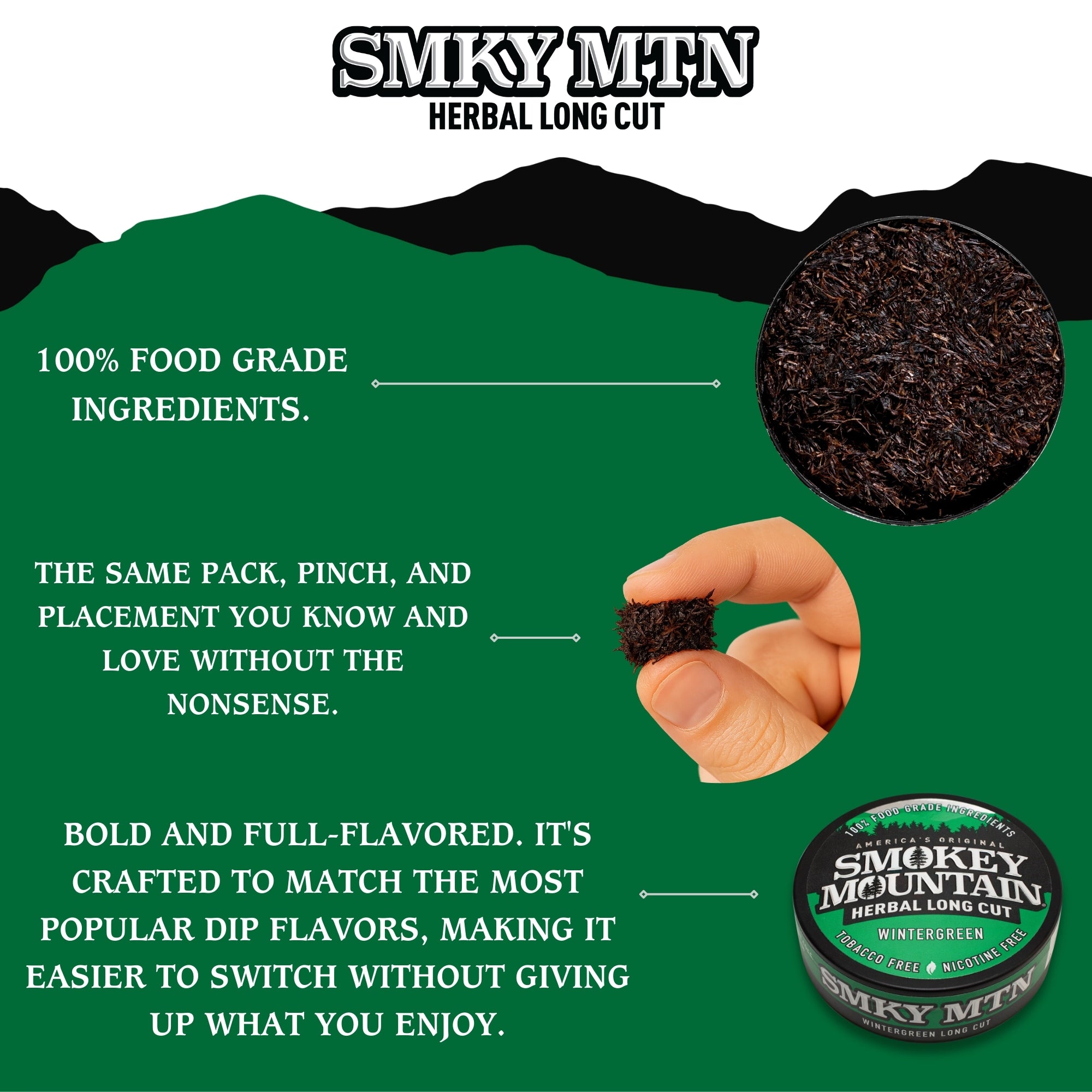 Smokey Mountain Herbal Long Cut product packaging with text on a green background