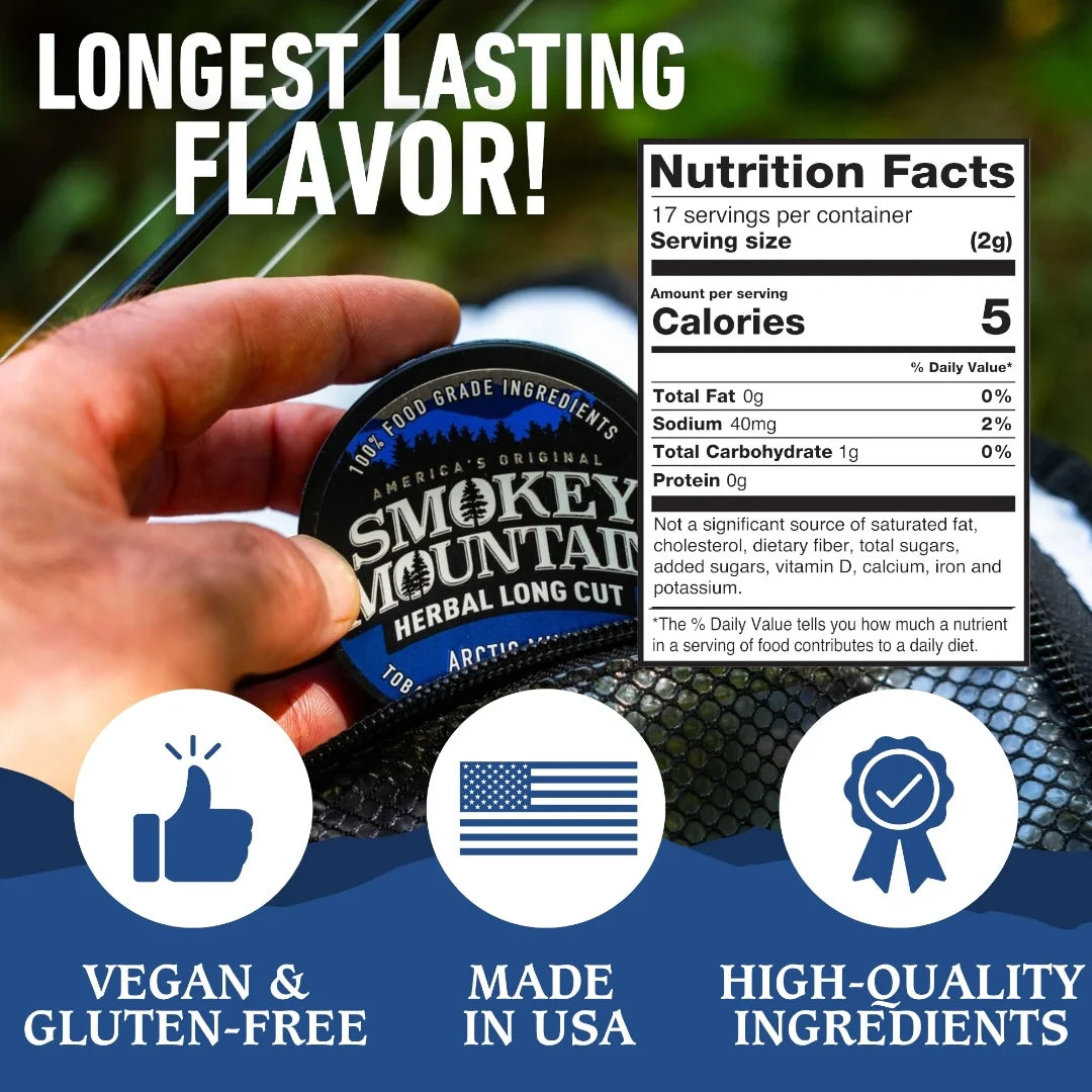 Hand holding a Smokey Mountain Herbal Long Cut product with nutrition facts label and feature icons on a blue background.
