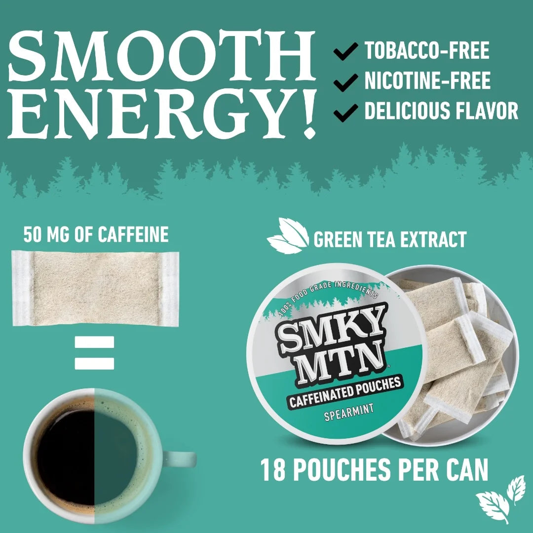 Advertisement for Smoky MTN caffeinated pouches with text about smooth energy, caffeine content, and green tea extract.