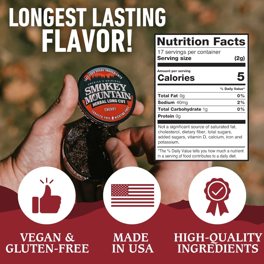Hand holding a container of Smokey Mountain Herbals, with nutrition facts label and product features displayed.