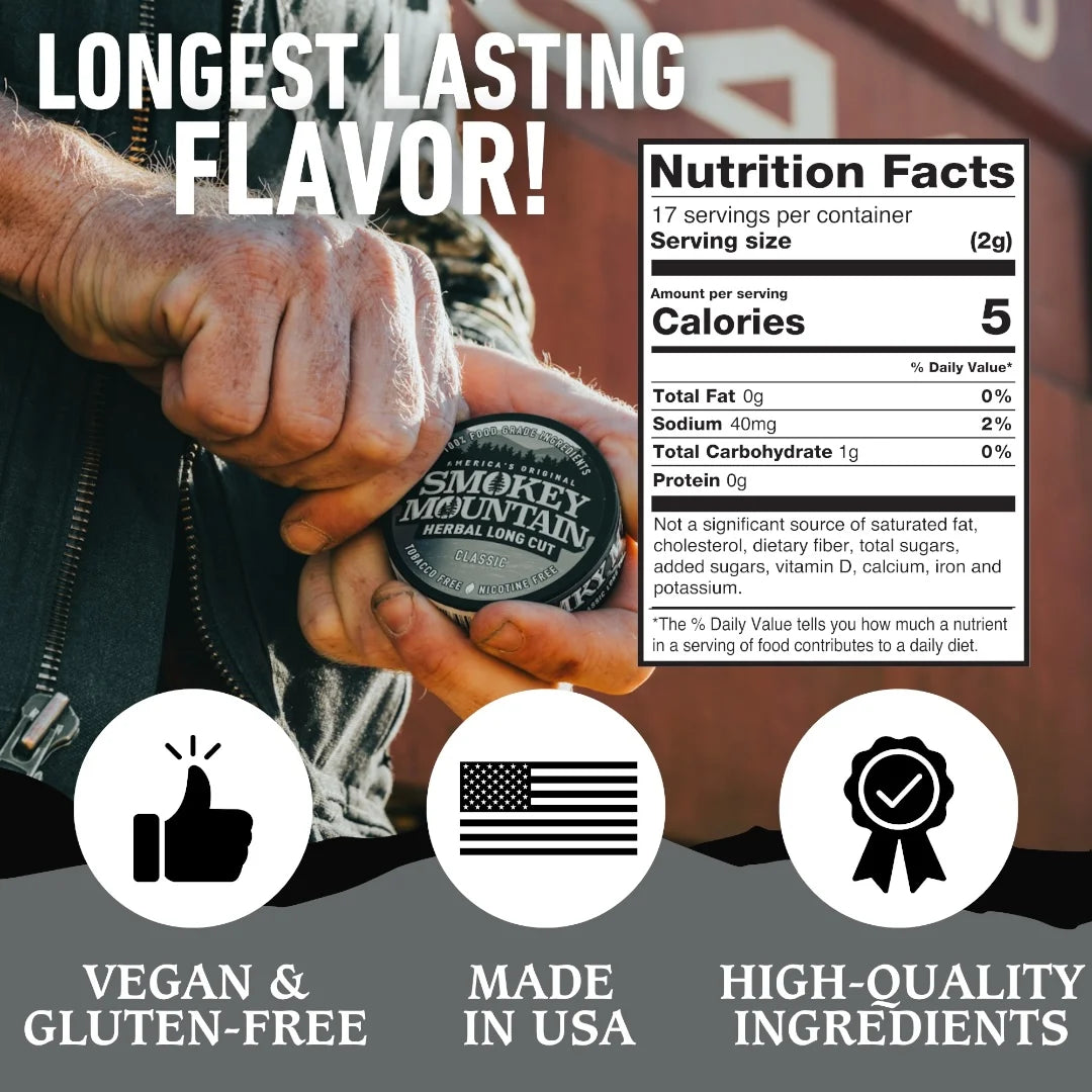 Person holding a container of Smokey Mountain product with nutrition facts, vegan/gluten-free, made in USA, and high-quality ingredients labels.