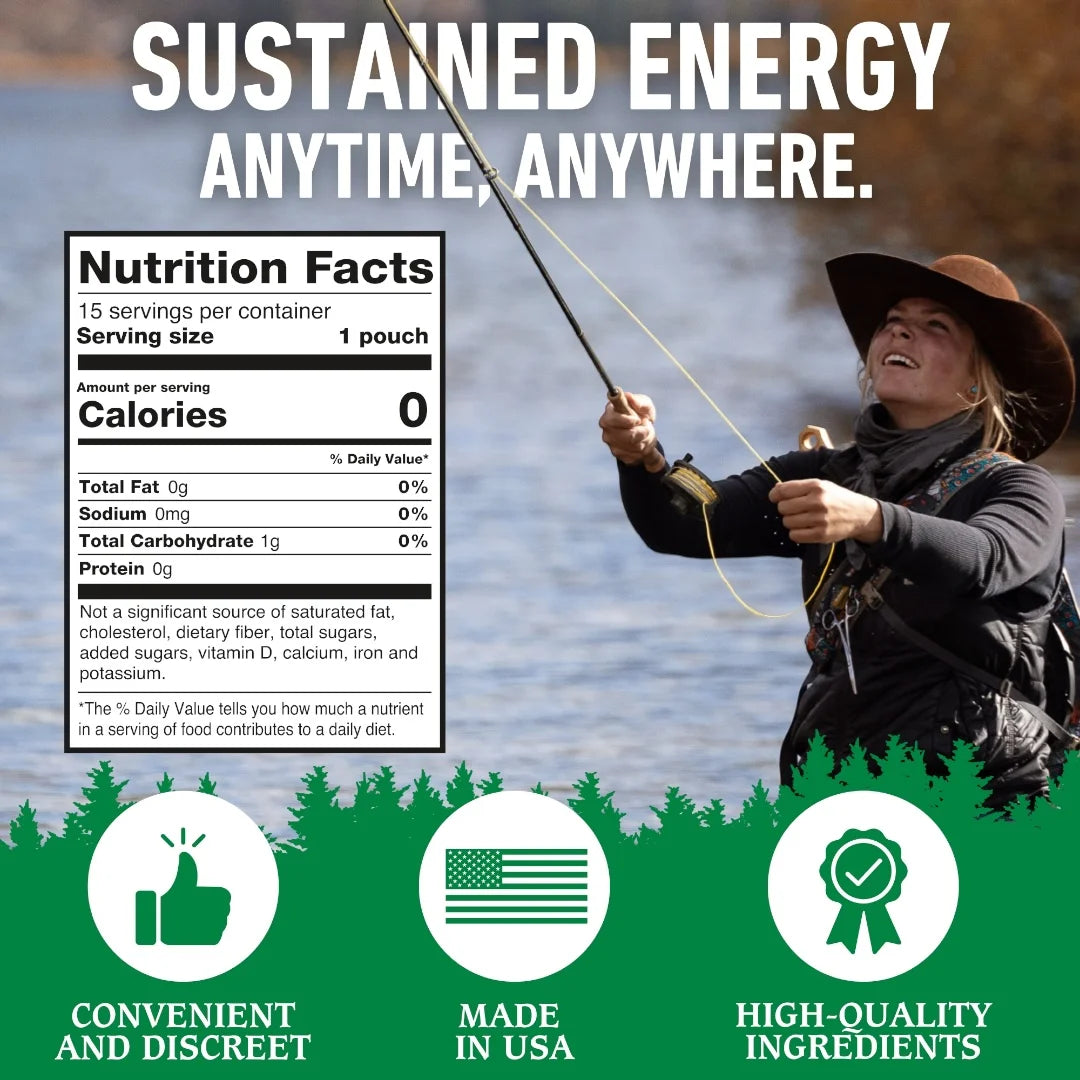 Person fishing with a nutrition facts label overlay, set against a scenic background.