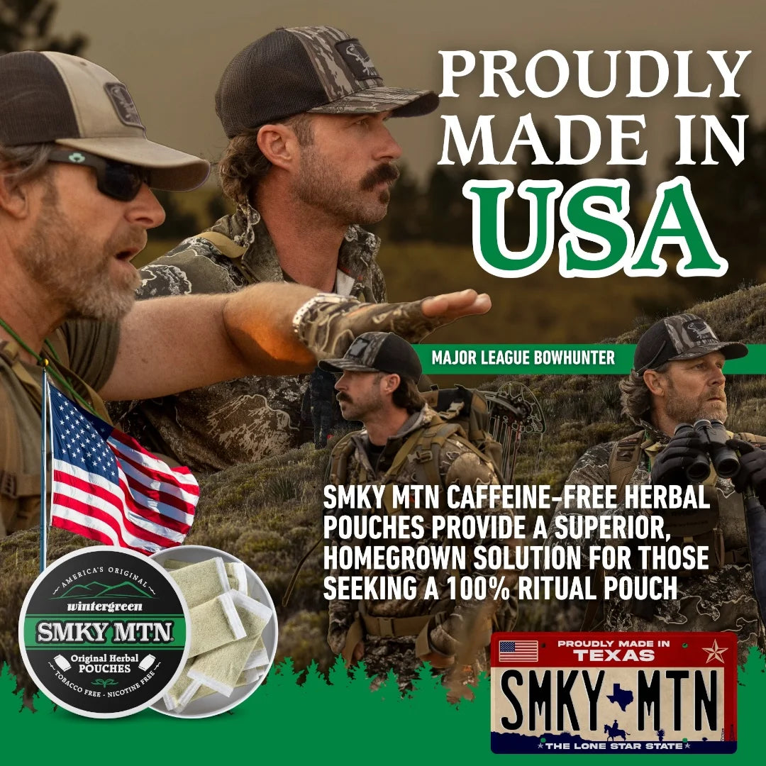 Advertisement featuring men in camouflage with text 'Proudly Made in USA' and promotional content for Smky MTN products.