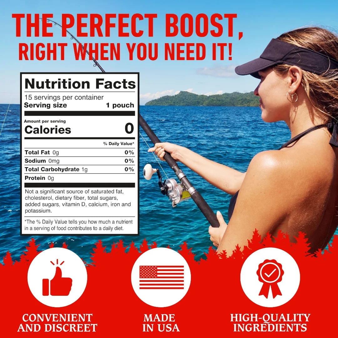 Woman fishing with a nutrition facts label overlay and promotional text about product benefits.