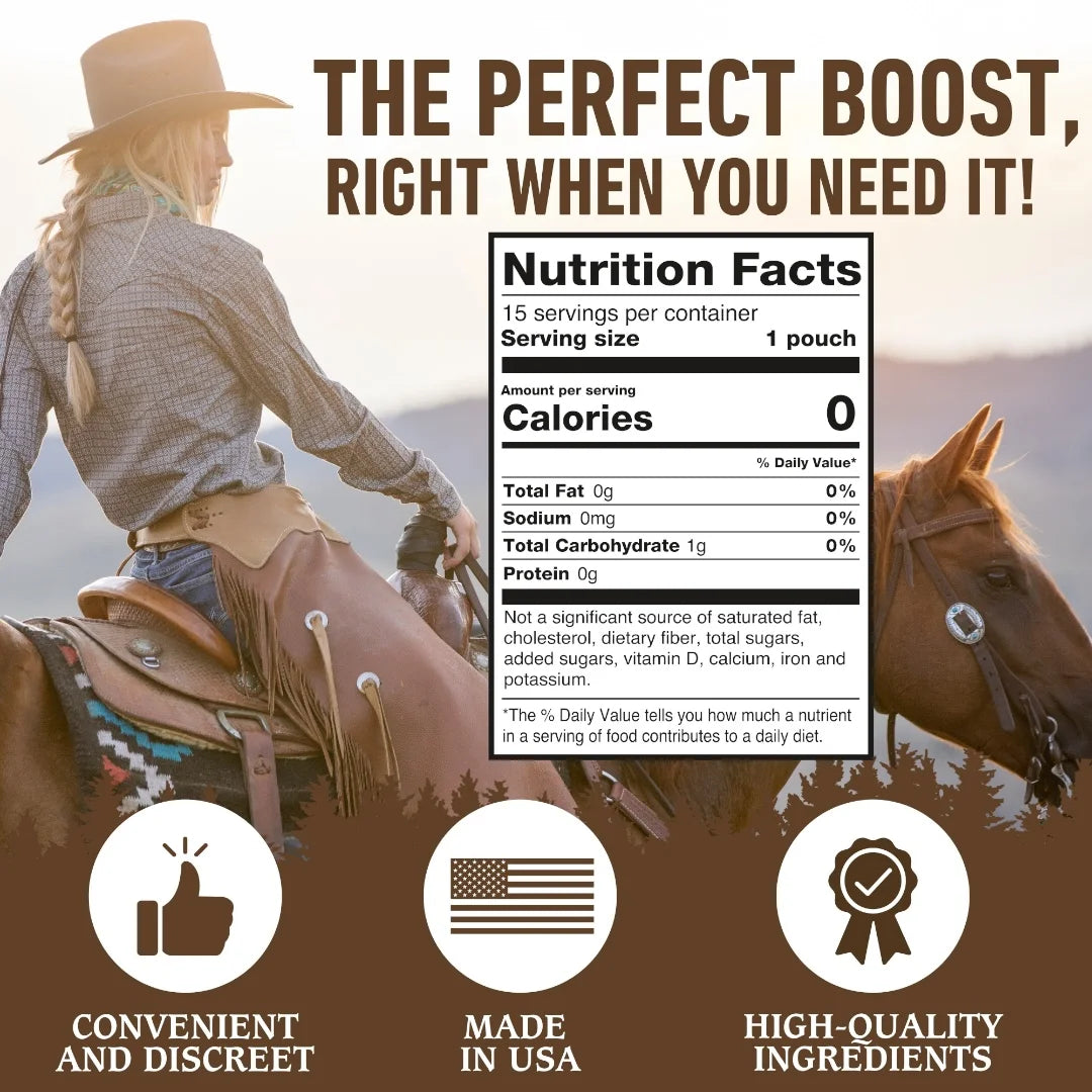 Woman on a horse with a nutrition label and promotional text about a product.