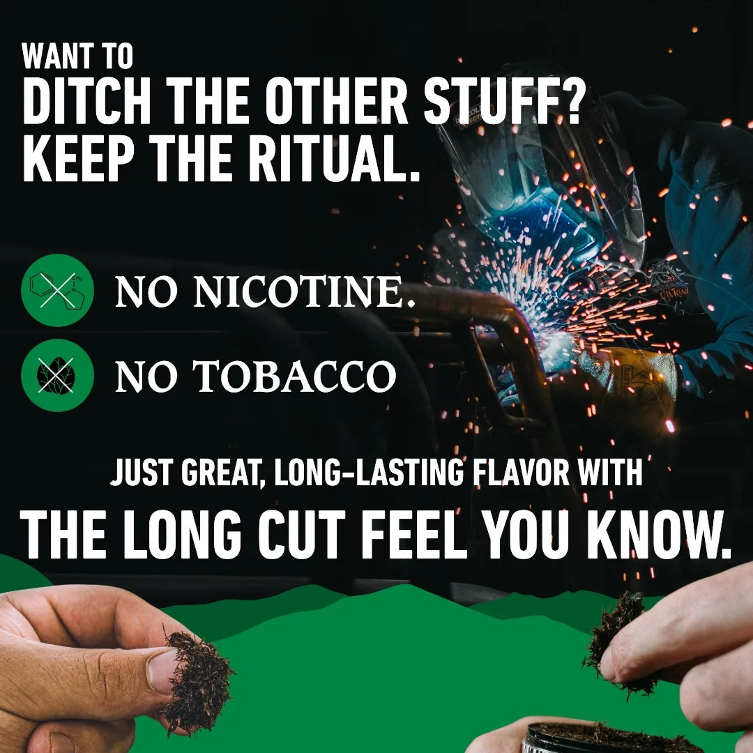 Advertisement for a product with hands holding smoking materials and text about nicotine and tobacco alternatives.