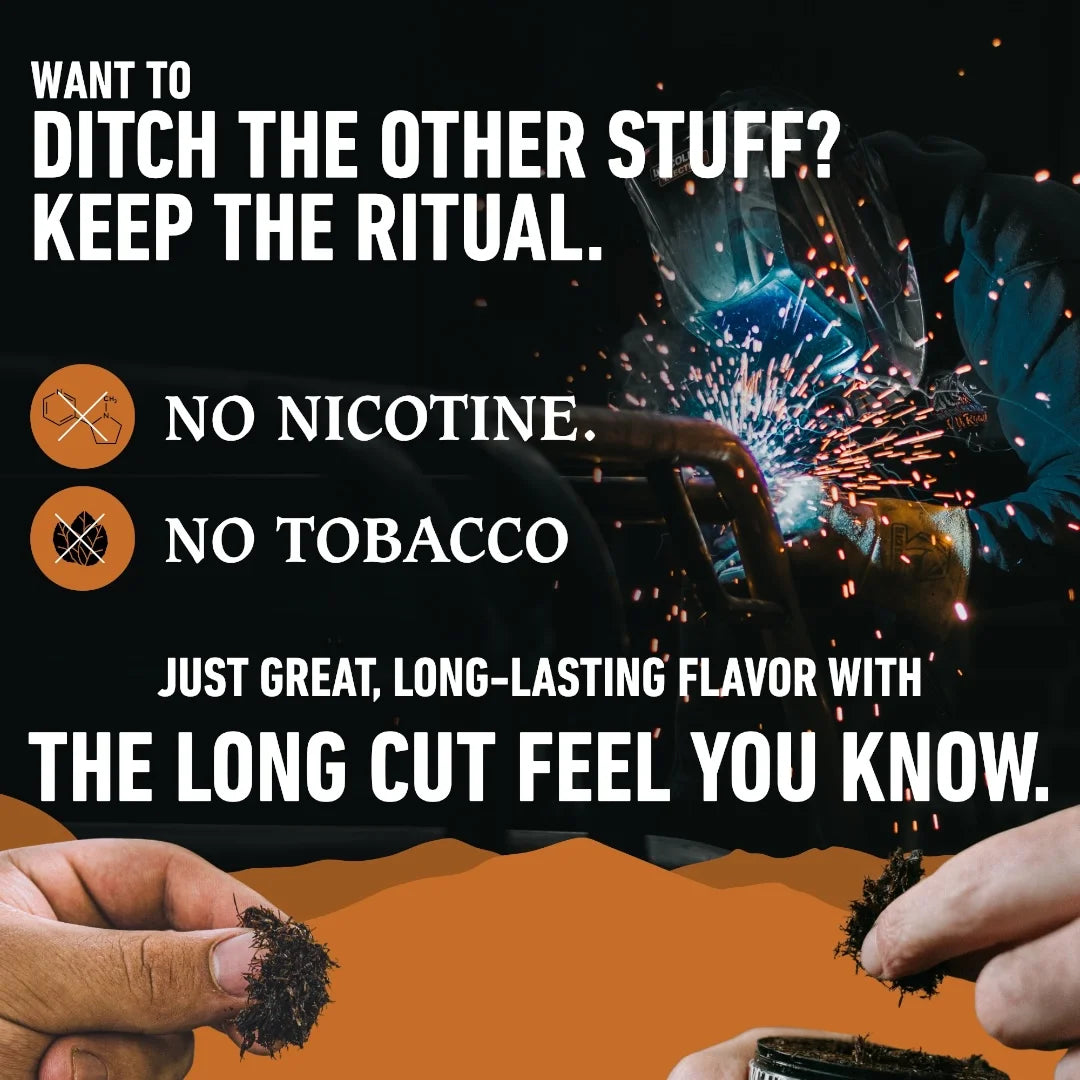 Advertisement for a product with text about nicotine and tobacco, featuring hands holding what appears to be smoking materials.