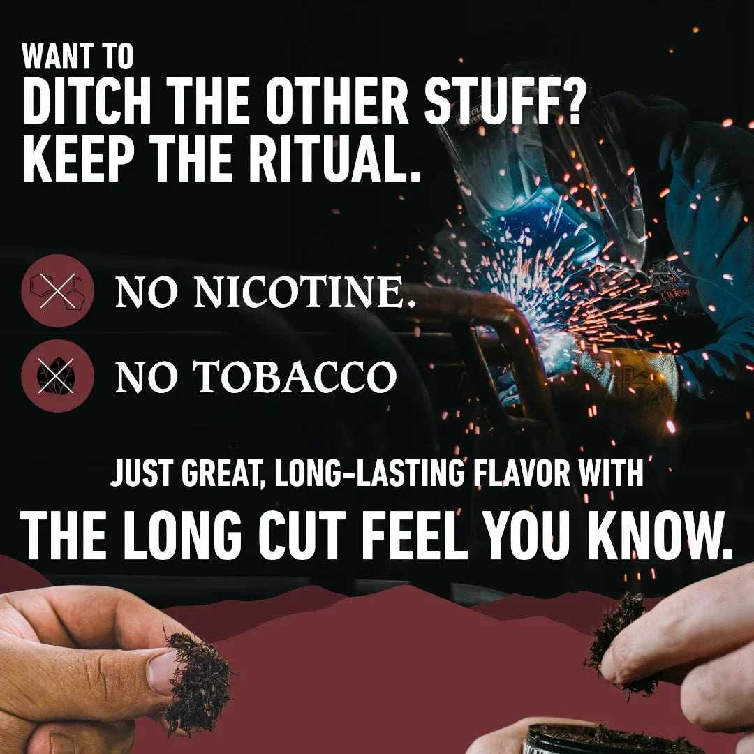 Advertisement with hands holding drugs and text about nicotine and tobacco alternatives.
