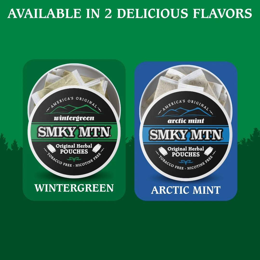 Two containers of Smky MTN Original Herbal Pouches, one wintergreen and one arctic mint, on a green background.