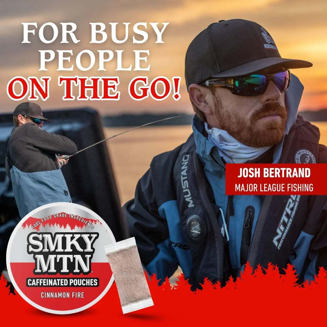 Fishing advertisement with a man on the go, featuring Josh Bertrand and Smoky Mountain Caffeinated Pouches.
