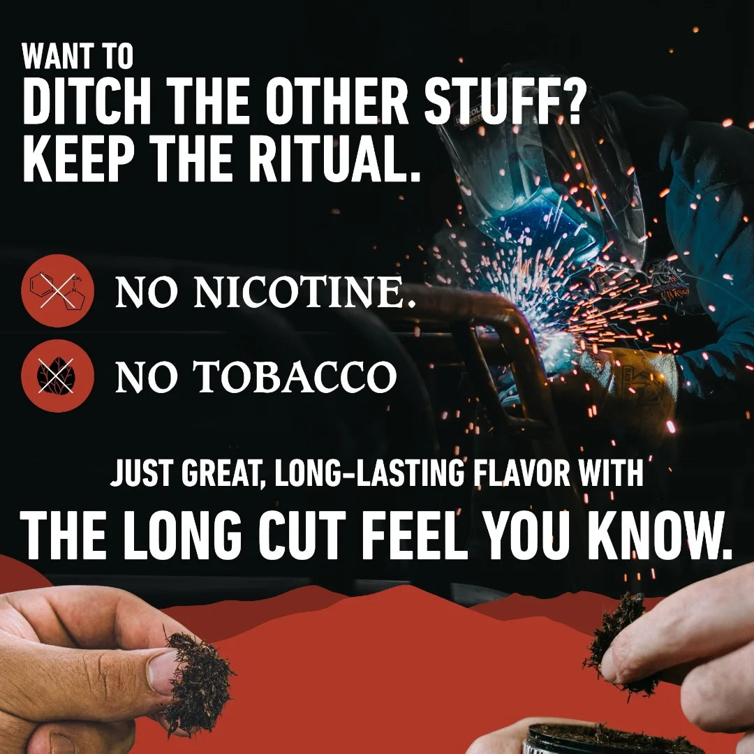 Advertisement with hands holding smoking materials and text about nicotine and tobacco alternatives.