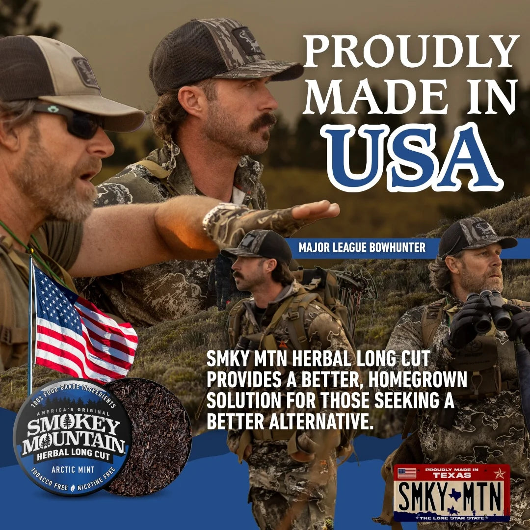 Three men in camouflage gear with an American flag, promoting Smoky Mountain Herbal Long Cut and its 'Proudly Made in USA' status.
