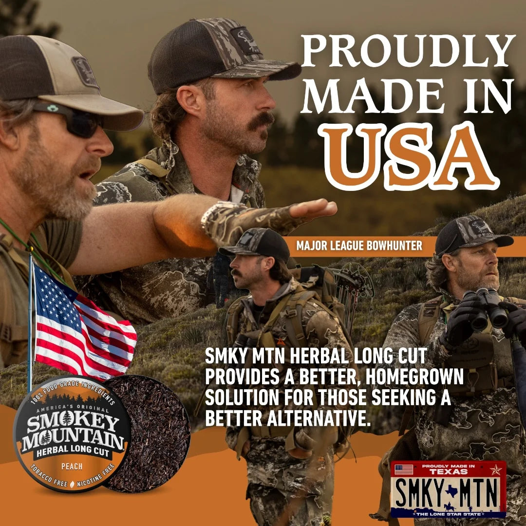 Advertisement featuring hunters in camouflage with Smoky Mountain Herbal Long Cut product, emphasizing 'Proudly Made in USA'.