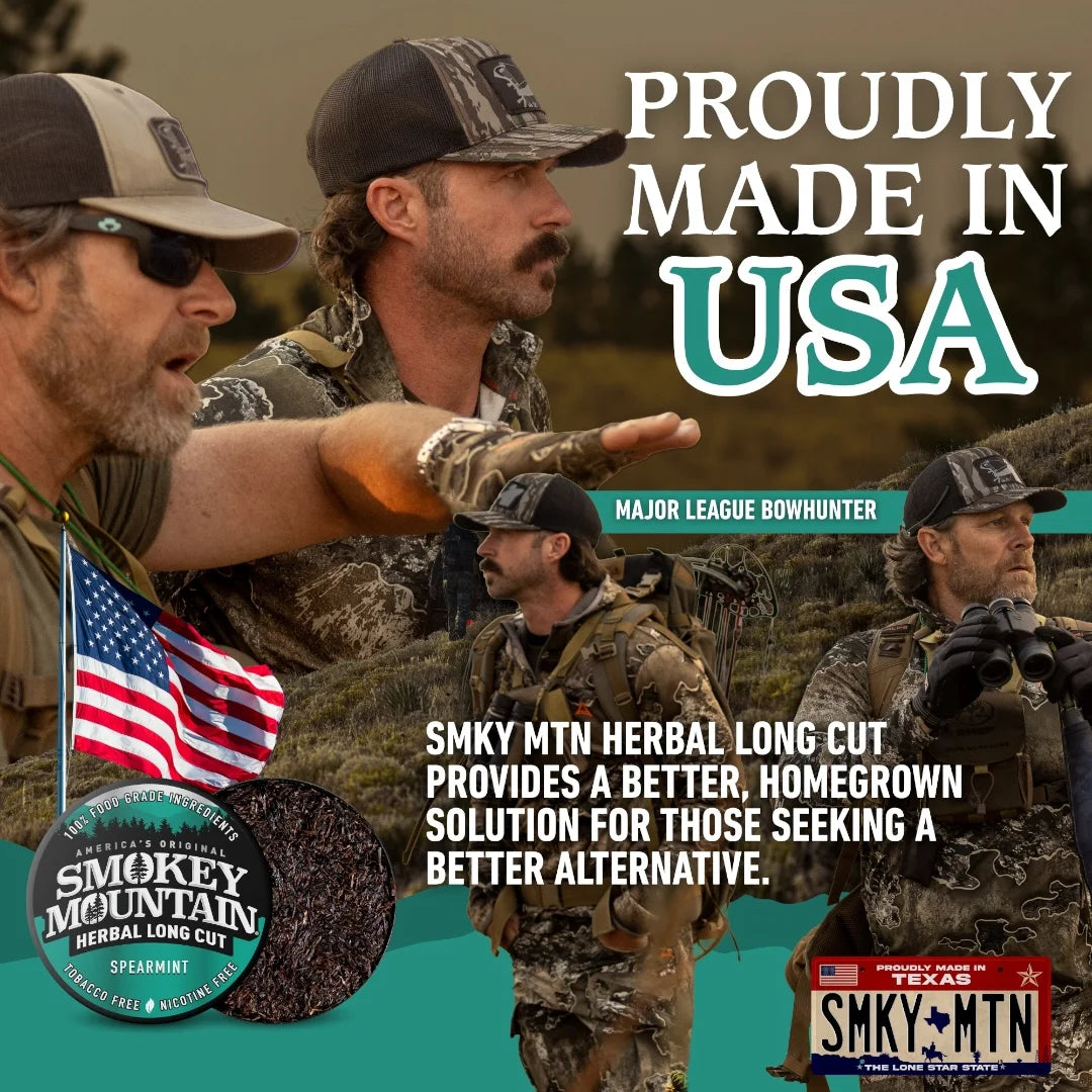 Men in camouflage with an American flag, Smokey Mountain product, and text 'Proudly Made in USA'.