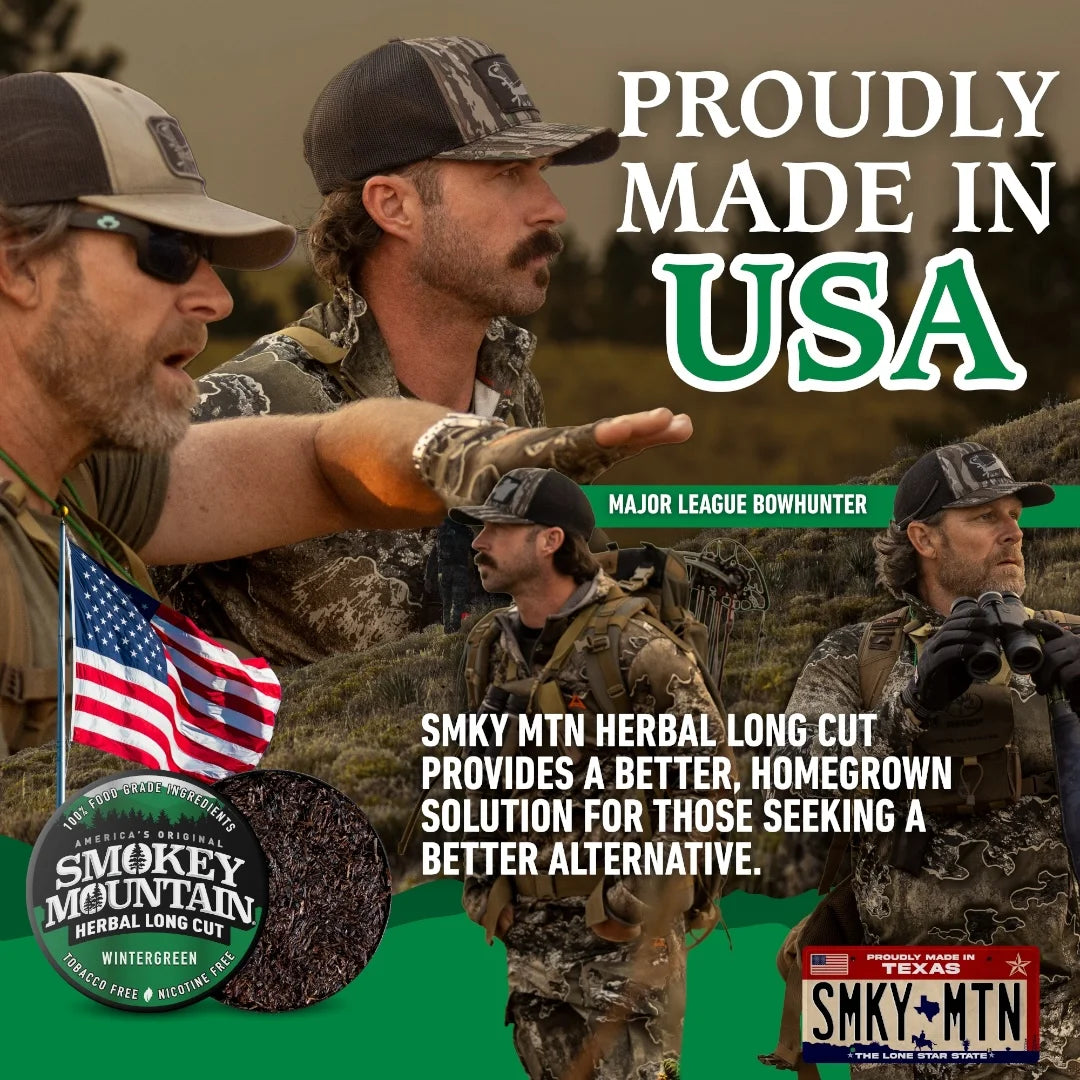 Group of men in camouflage with text 'Proudly Made in USA' and Smokey Mountain Herbal Long Cut product display.
