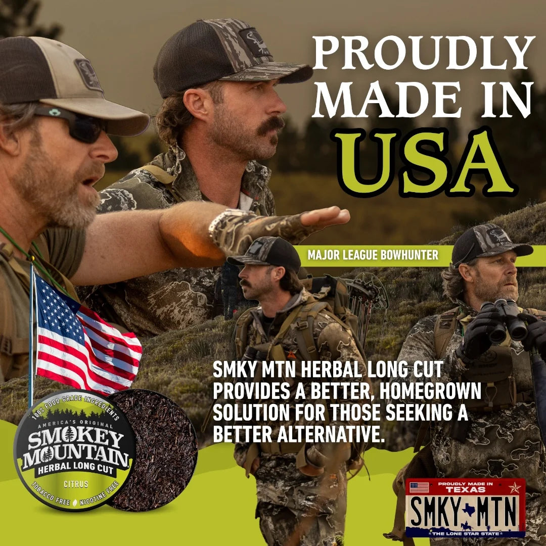 Advertisement featuring men in camouflage with text 'Proudly Made in USA' and 'Smoky Mountain Herbal Long Cut'.