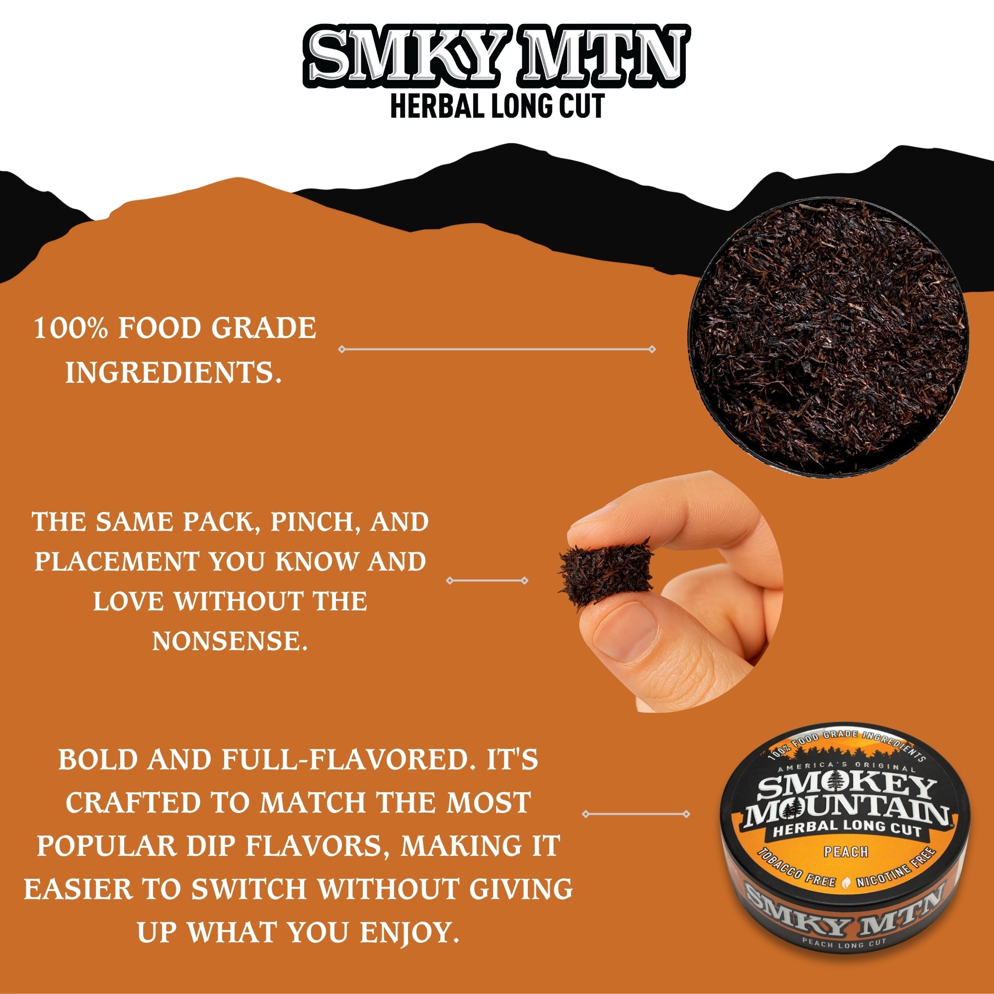 Promotional image of Smokey Mountain Herbal Long Cut with product packaging and text on an orange background.