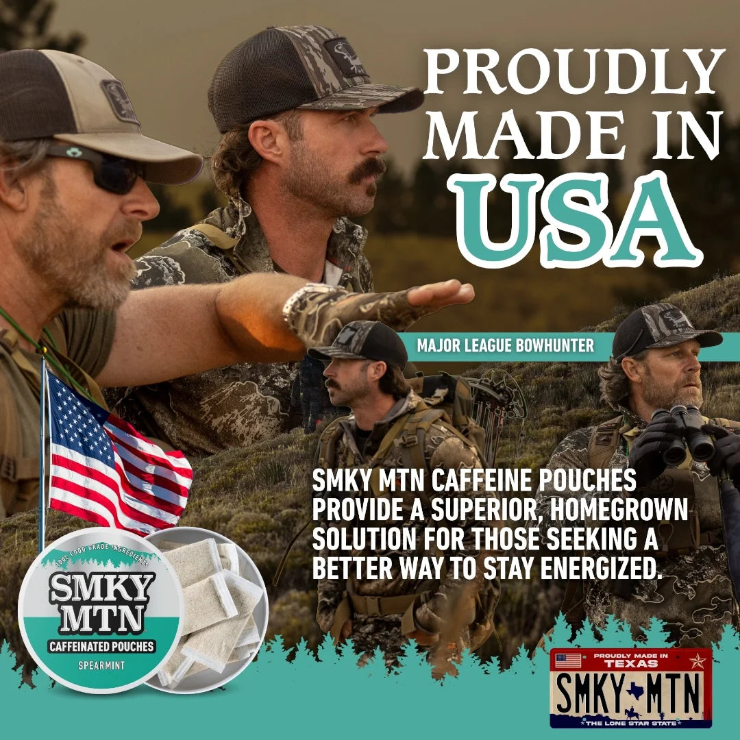 Advertisement featuring men in camouflage with text about SMKY MTN caffeine pouches, 'Proudly Made in USA', and an American flag.
