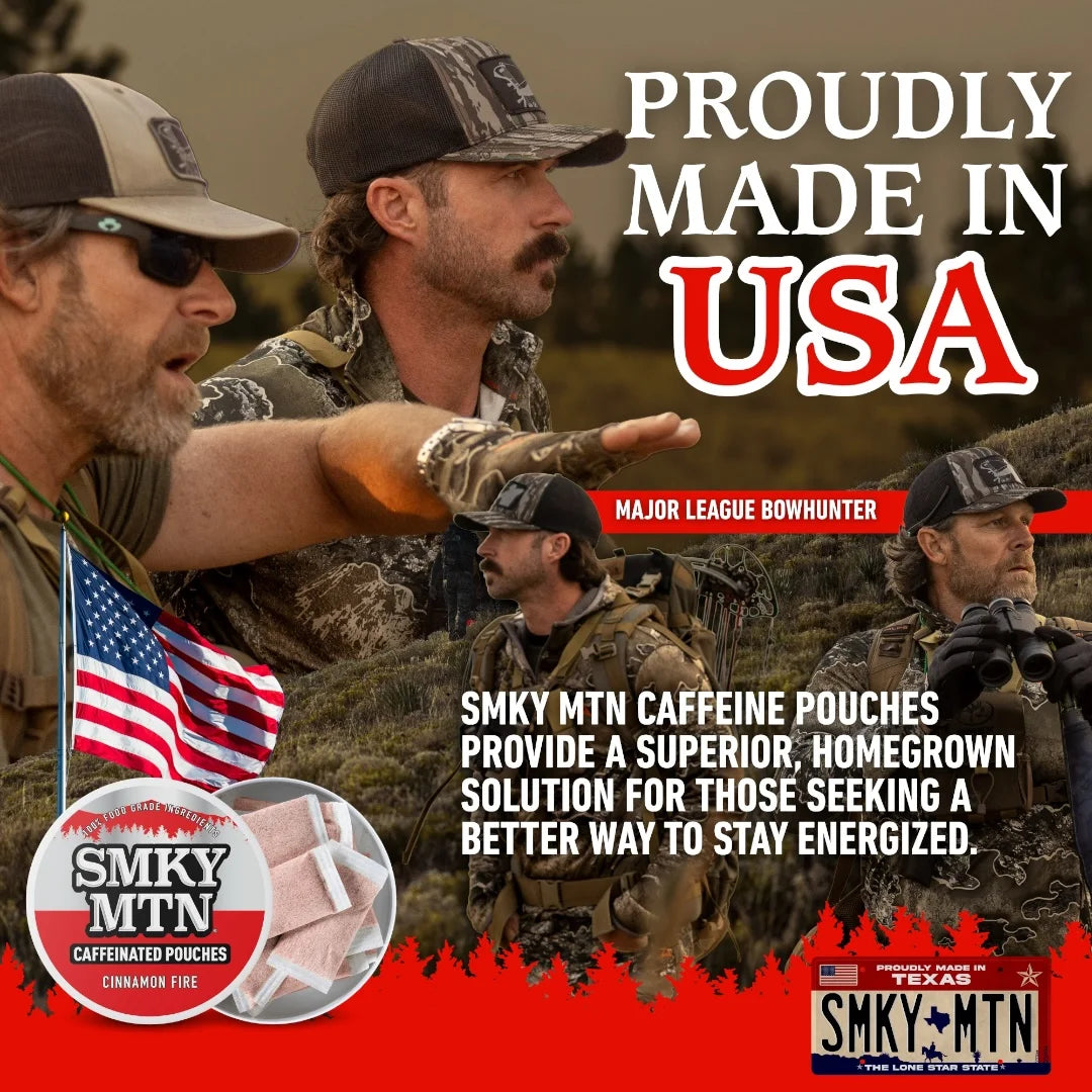 Advertisement featuring men in camouflage with text 'Proudly Made in USA' and 'SMKY MTN Caffeine Pouches'.