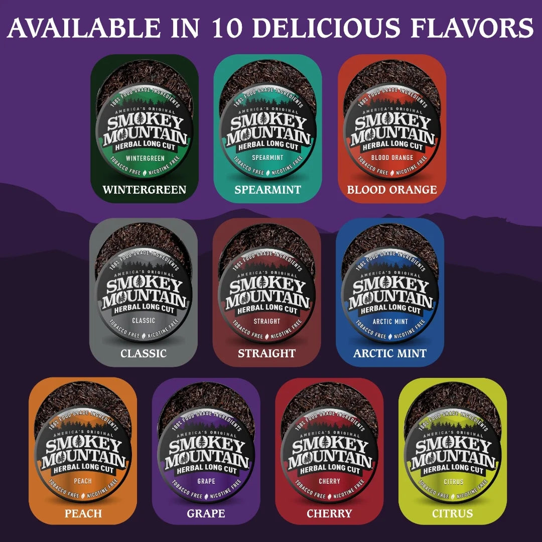 Smokey Mountain herbal long cut product packaging with 10 different flavors on a purple background.