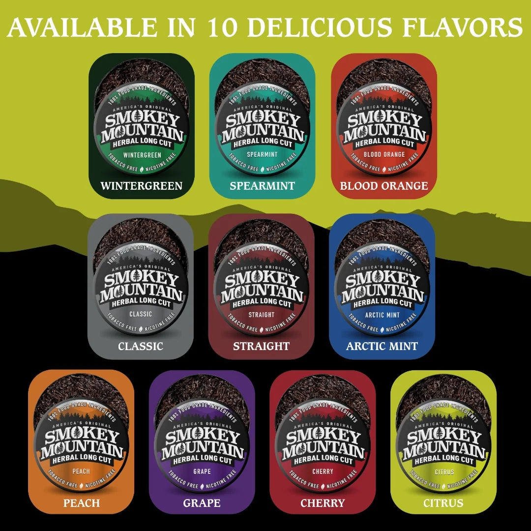 Smokey Mountain herbal long cut product packaging with 10 different flavors on a green and black background.