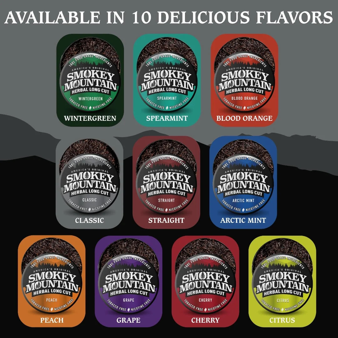Smokey Mountain herbal long cut product packaging with 10 different flavor options on a gray background.