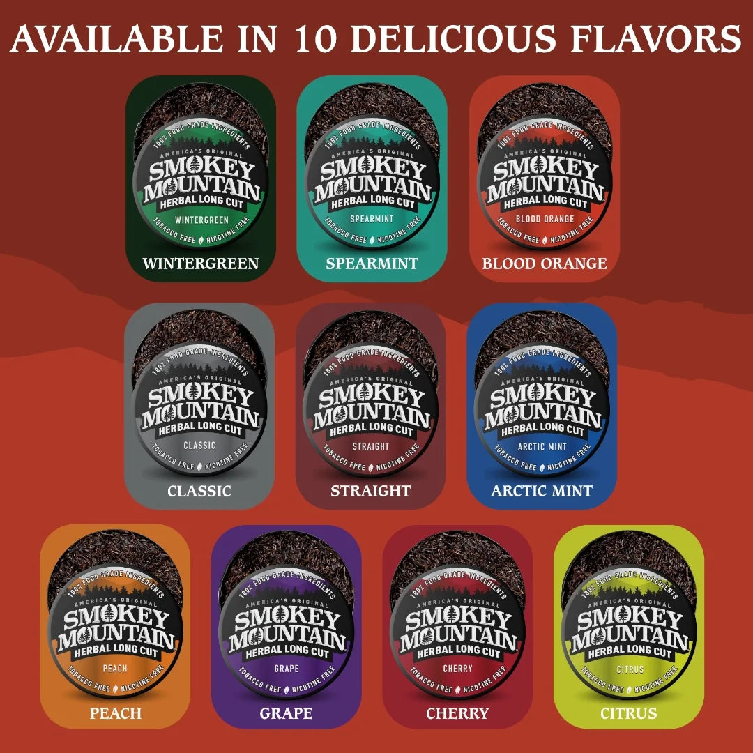 Smokey Mountain herbal long cut product packaging with 10 different flavor options on a red background.