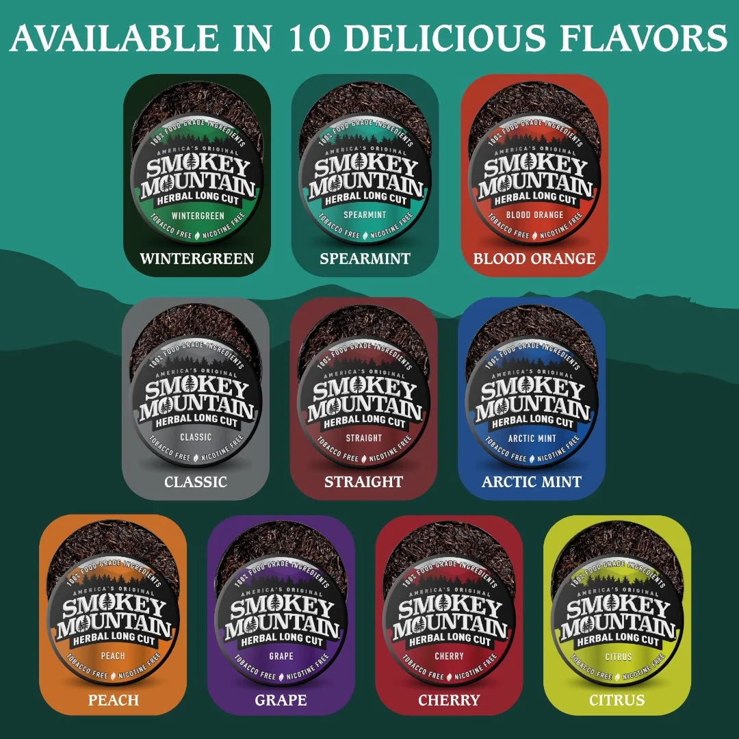 Smokey Mountain herbal long cut product packaging with 10 different flavors on a green background.