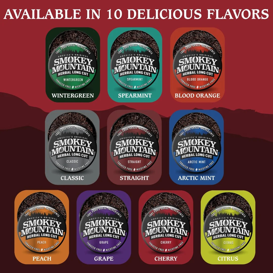 Smokey Mountain herbal long cut product packaging with 10 different flavors on a red background.