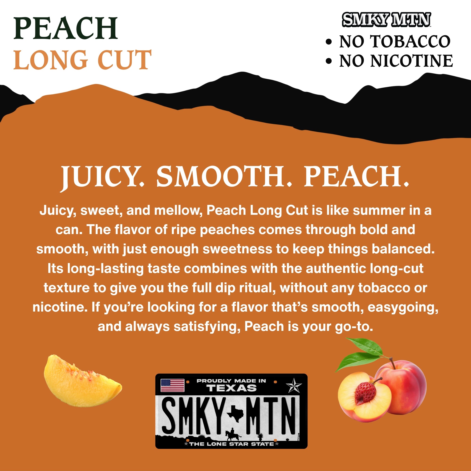 Advertisement for Smokey Mountain Peach Long Cut with text and graphics on an orange background.