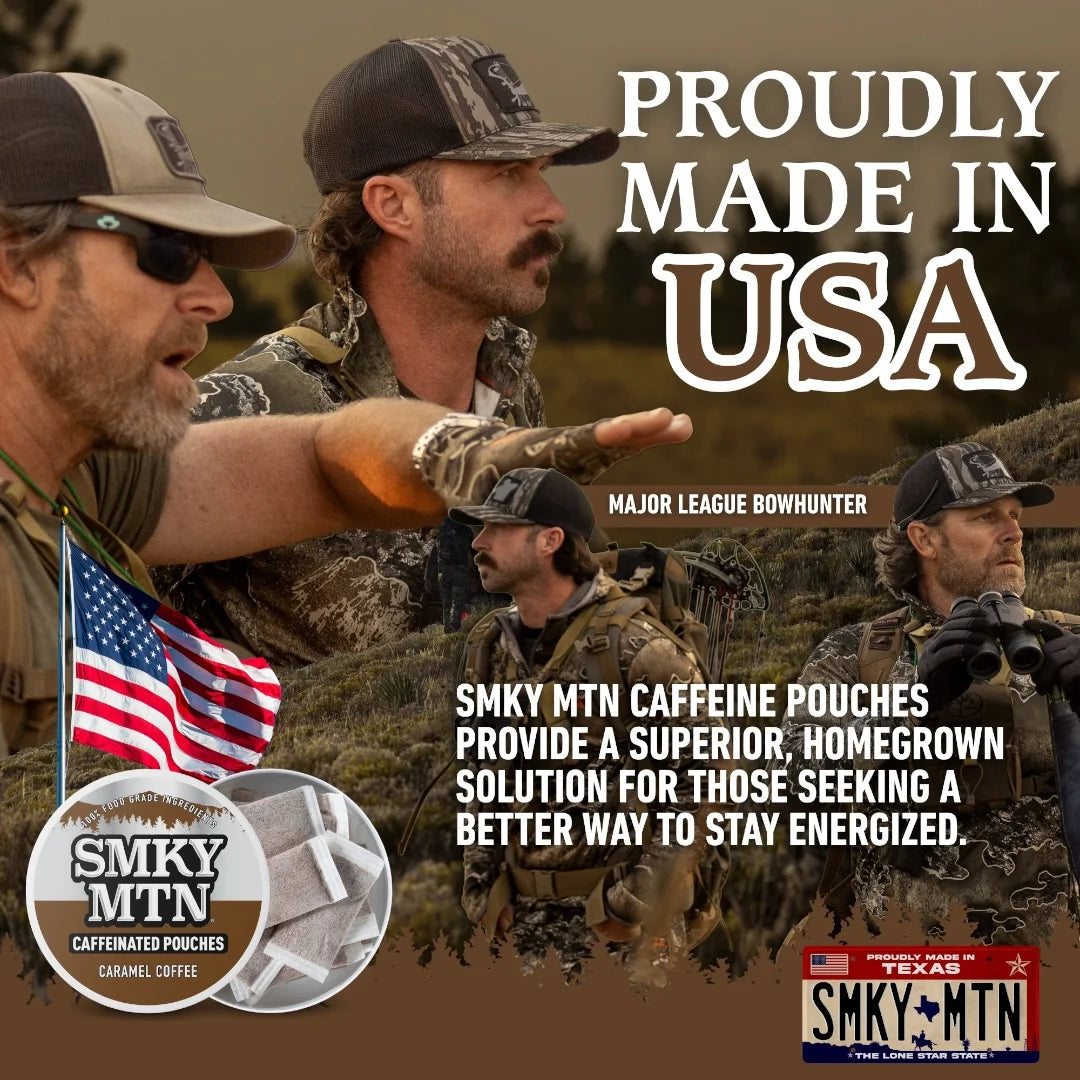 Three men in camouflage with an American flag, promoting SMKY MTN caffeine pouches.
