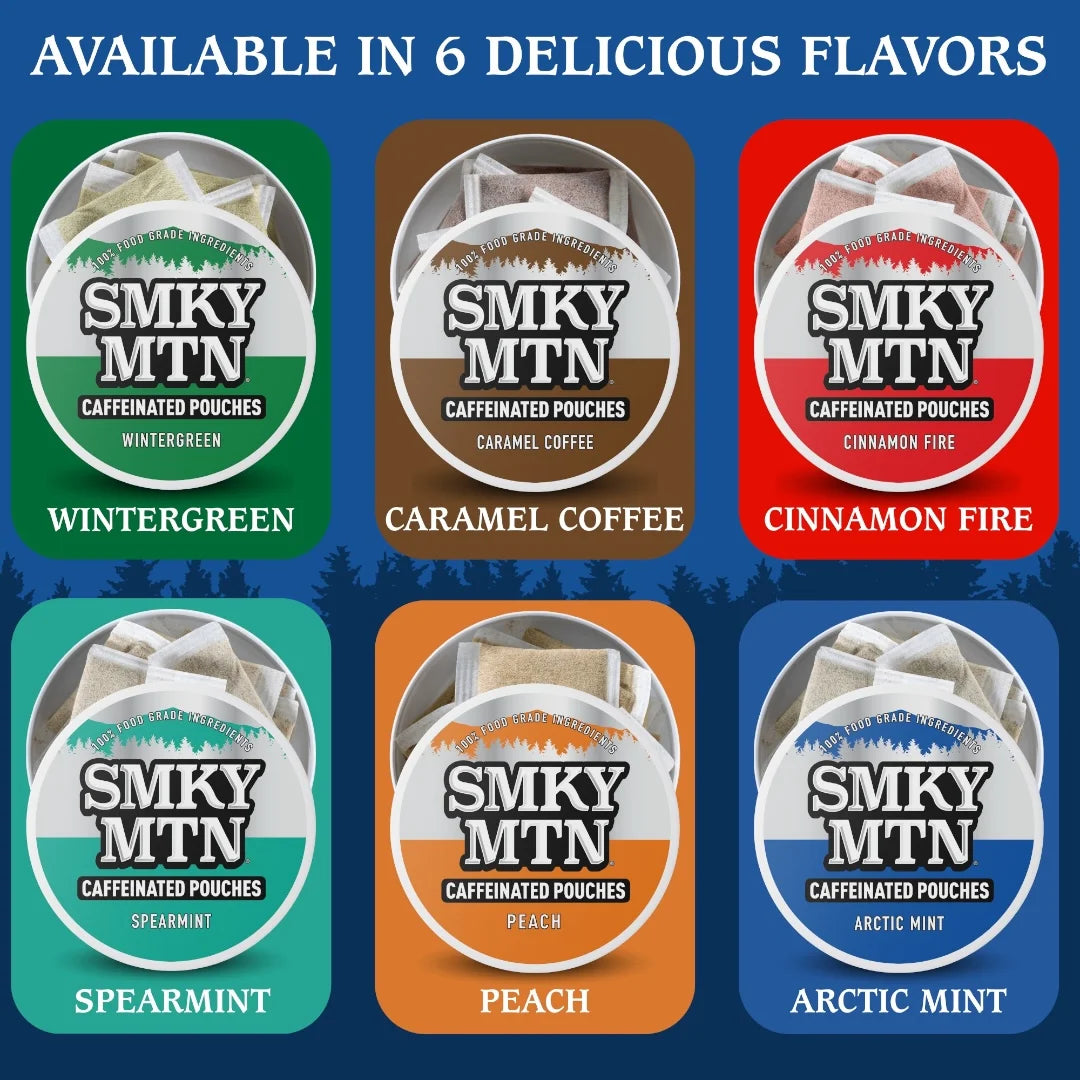 Smky MTN caffeinated pouches in various flavors with a blue background