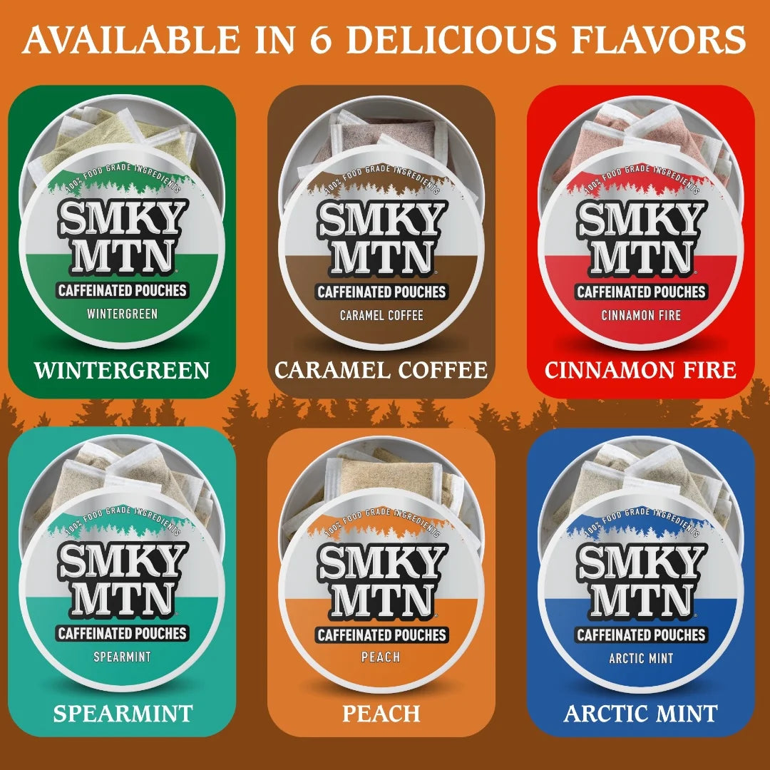 Promotional image of Smky MTN caffeinated pouches with six different flavors on a brown background.