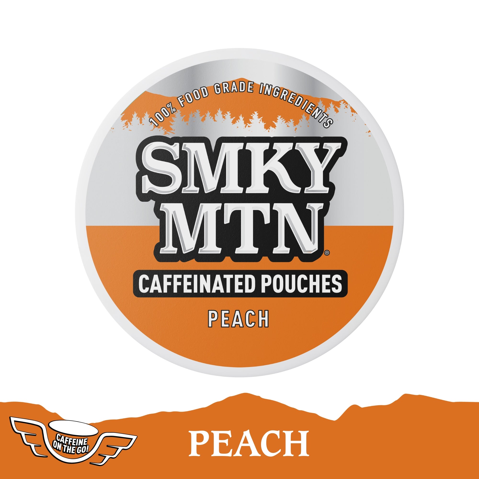Smky MTN caffeinated pouches label with peach flavor on an orange and white background