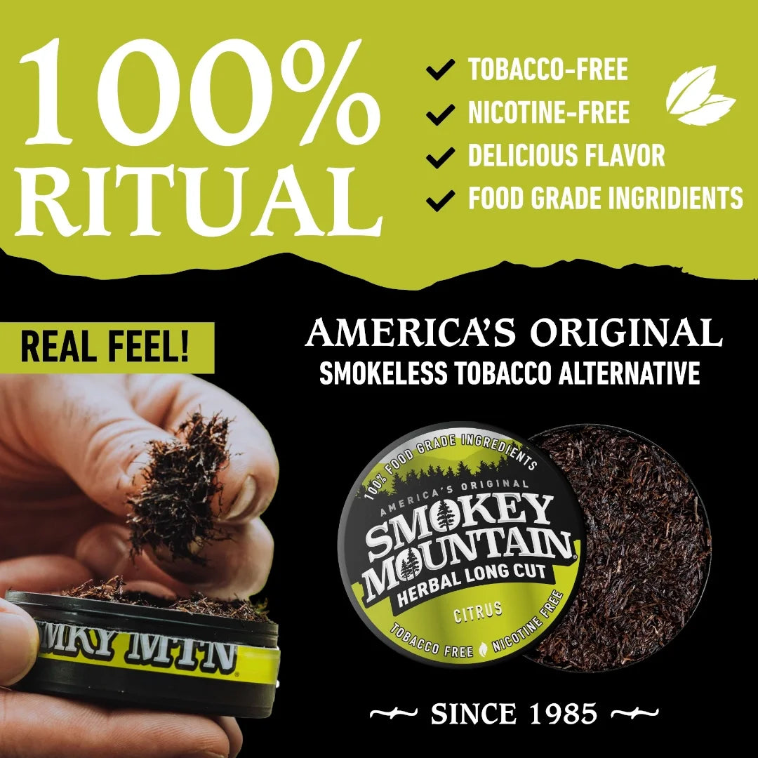 Advertisement for Smokey Mountain Herbal Long Cut, a tobacco-free product with text highlighting features.