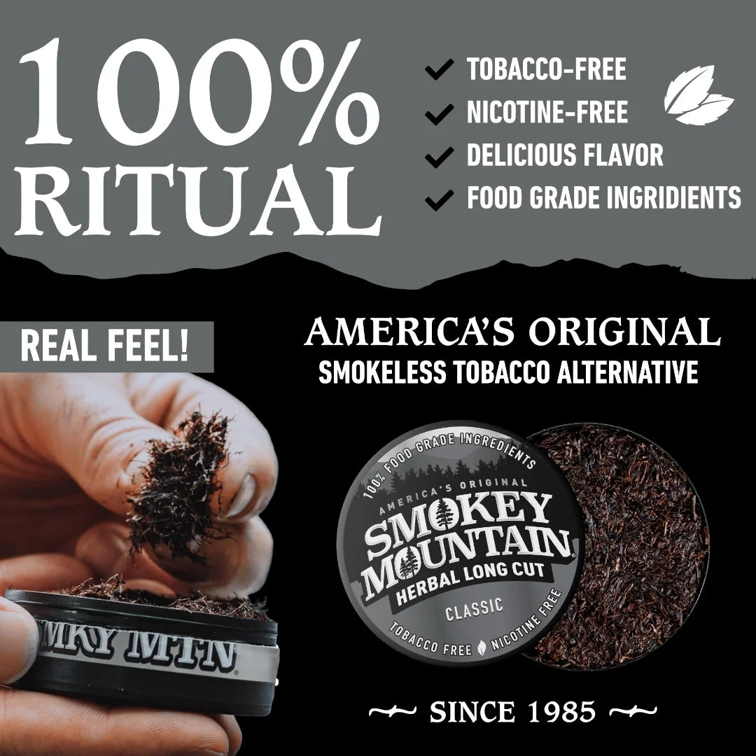 Advertisement for Smokey Mountain Herbal Long Cut, a tobacco-free product with text highlighting features.